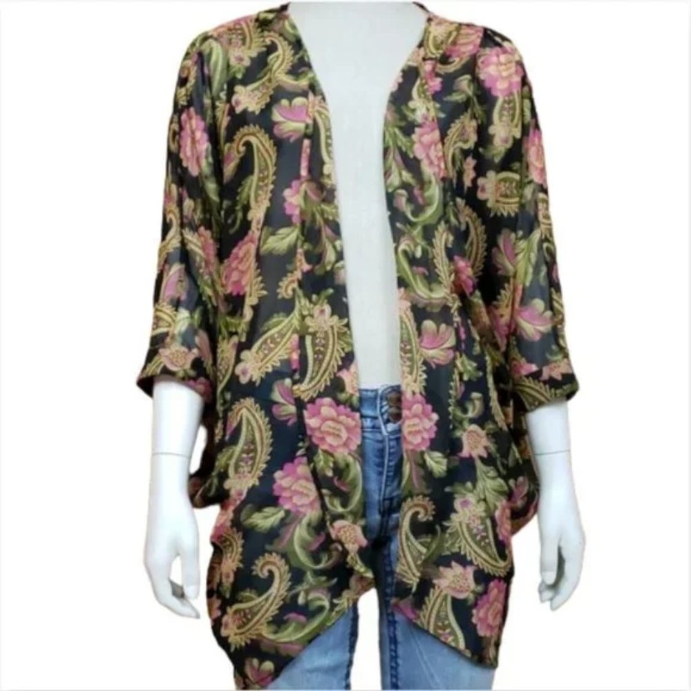 Olrain Sheer Kimono | Medium | Floral Paisley Black NWT Boho Festival